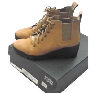 Eileen Fisher Sz 8.5 M Suede Wedge Chelsea Ankle Boots Wheat Lace Up  New